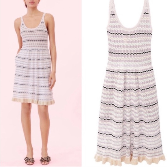 La Vie xRebecca Taylor White Lavender Stripes Gold Trim Hem Sweater Dress SzM - Picture 5 of 16